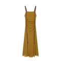Mustard contrast strap ruched midi dress, front flat lay