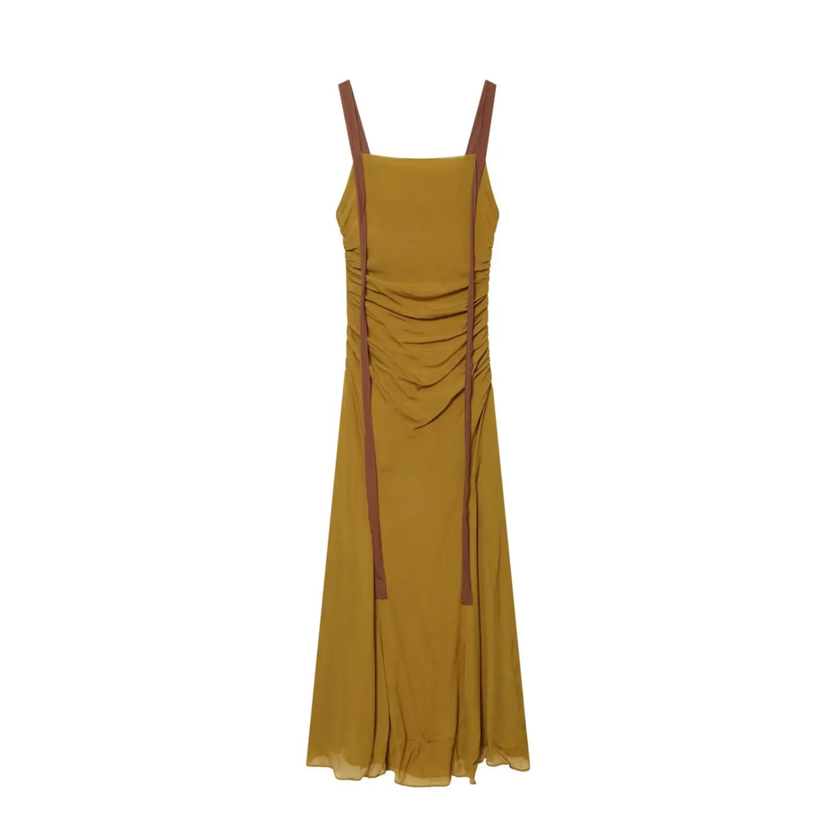 Mustard contrast strap ruched midi dress, front flat lay