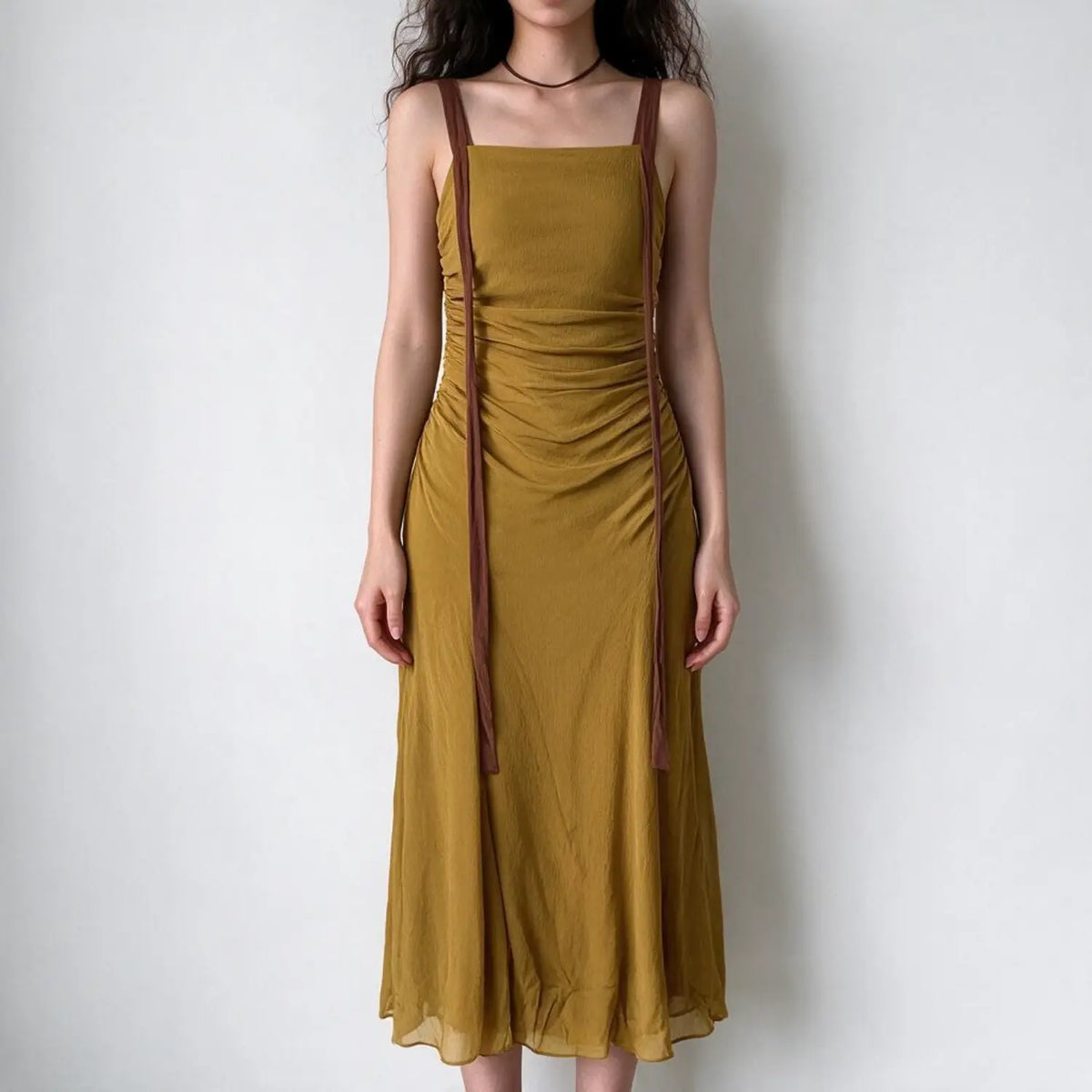 Model wearing mustard contrast strap ruched midi dress, front view