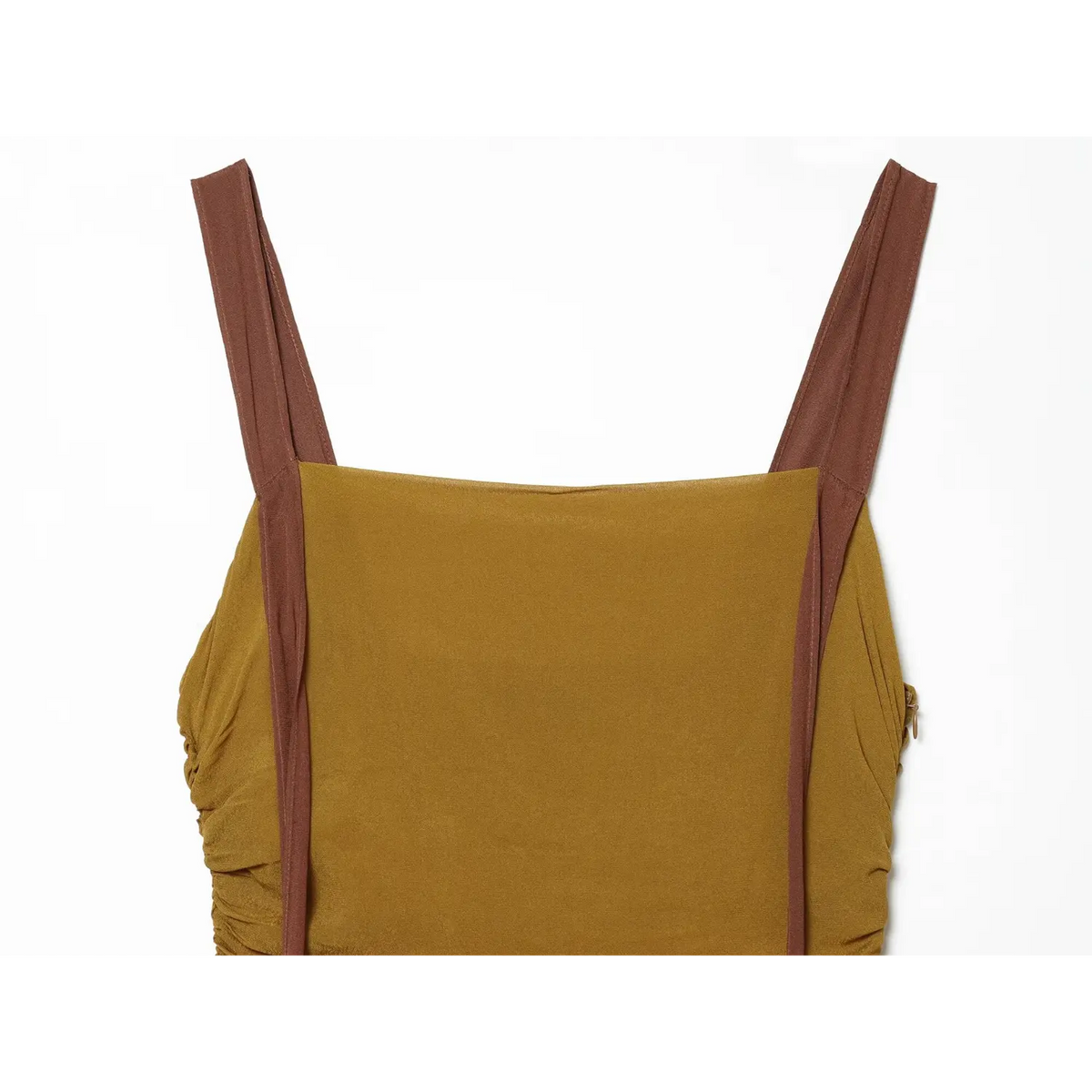 Close-up of square neckline and contrast straps