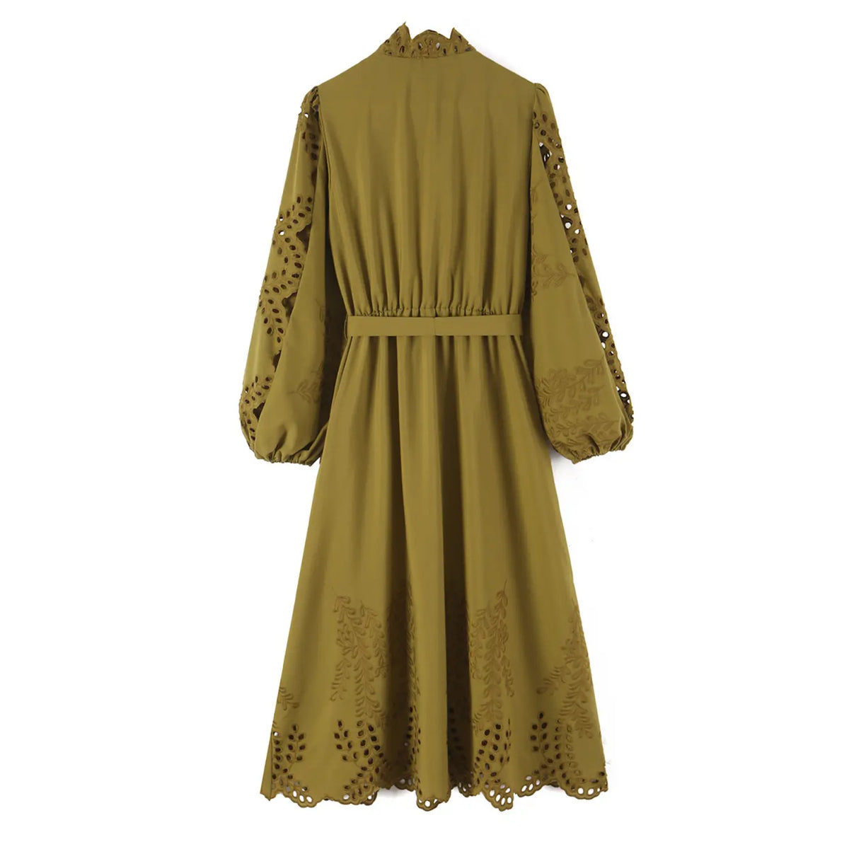 Back flat lay of mustard eyelet embroidered tie waist midi dress