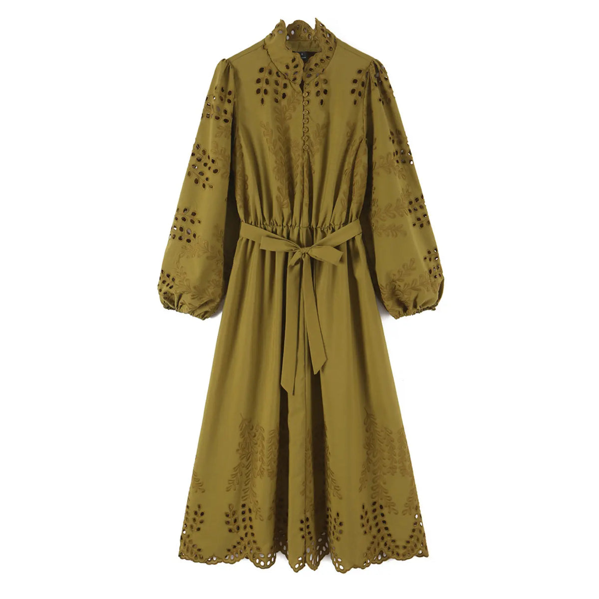 Front flat lay of mustard eyelet embroidered tie waist midi dress