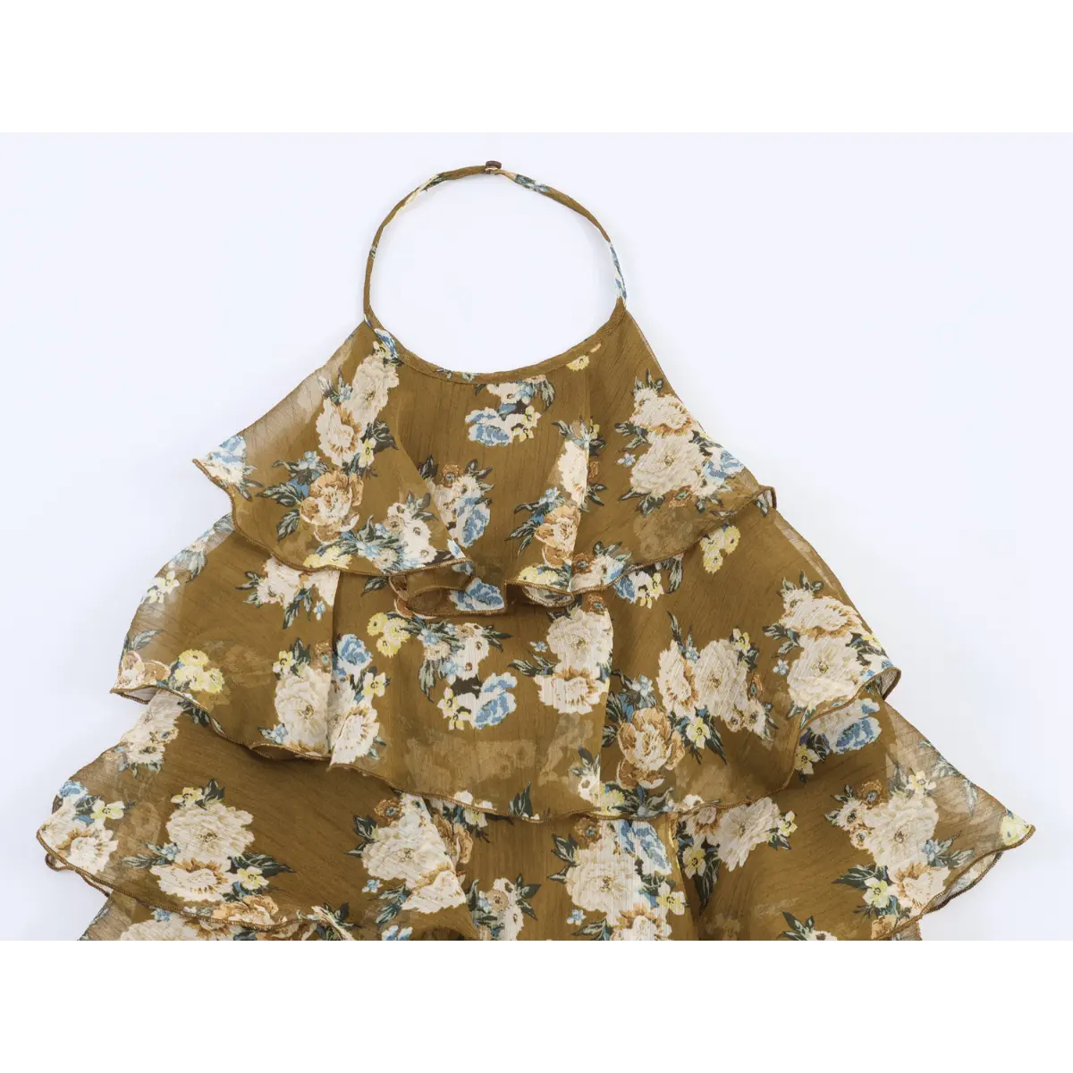 Front neck close-up of vintage floral halter dress, double layered flounce ruffle top, crinkled sheer chiffon fabric with peony print.