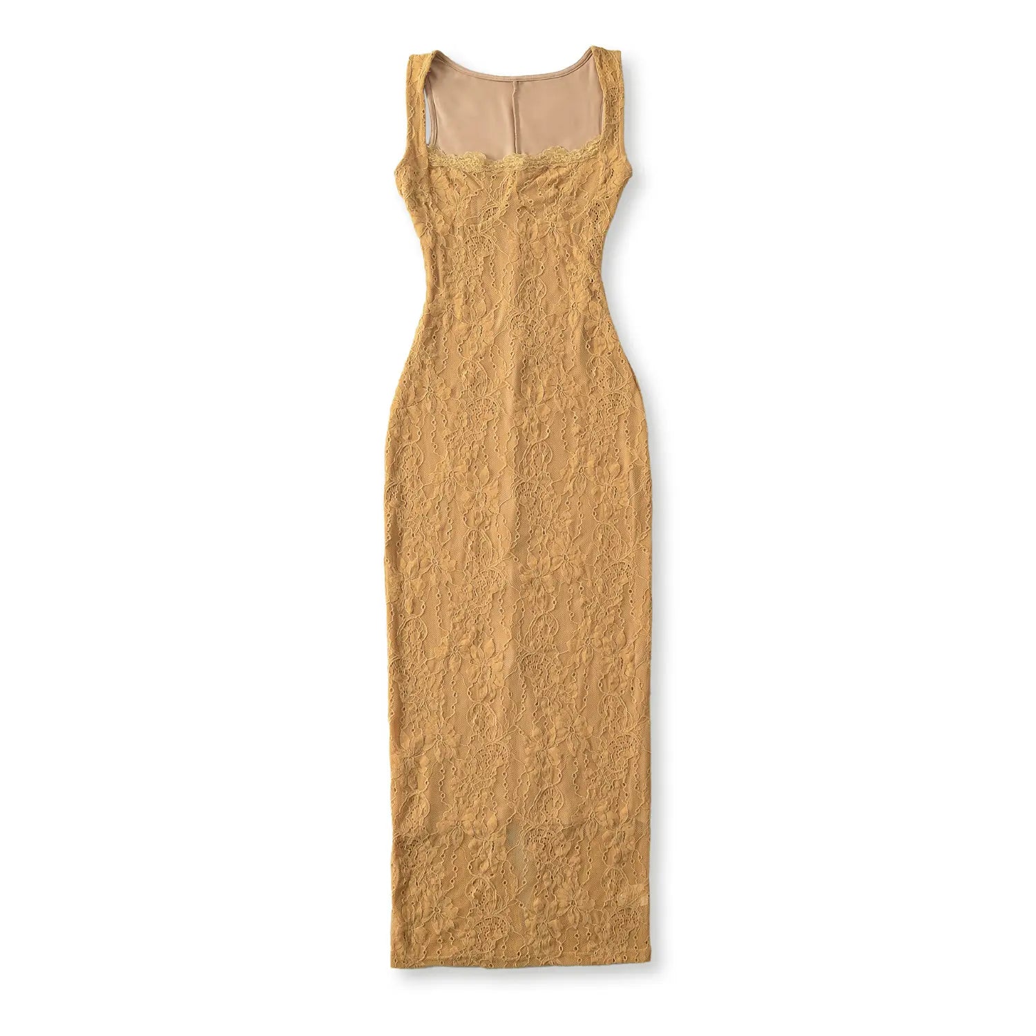 Flat lay front view of mustard yellow floral lace sleeveless midi bodycon dress, nude inner lining, form‑fitting silhouette