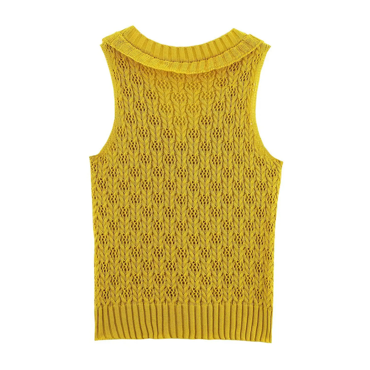 Back flat lay of mustard pointelle knit button vest
