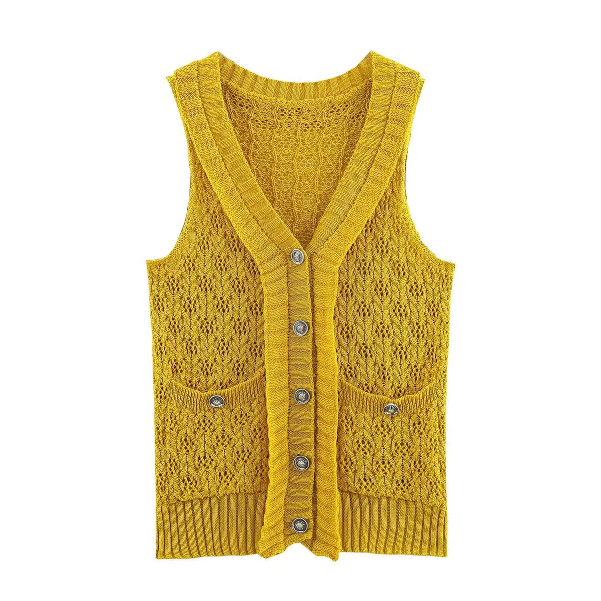 Front flat lay of mustard pointelle knit button vest