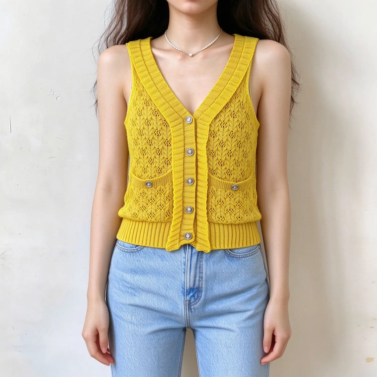 Model wearing mustard pointelle knit button vest, front view