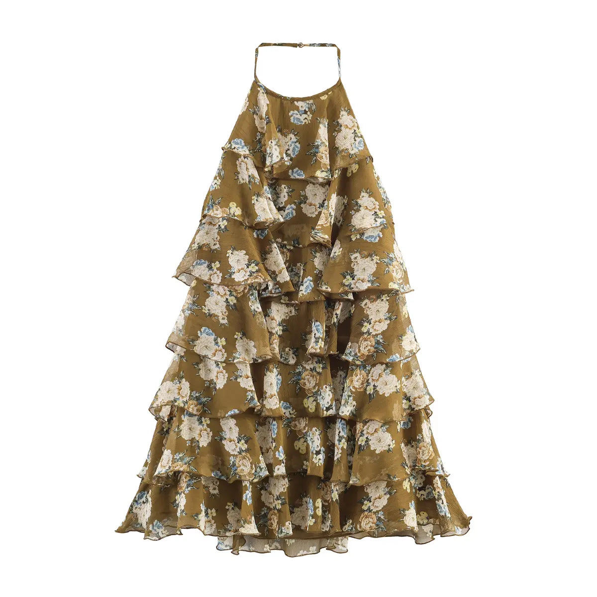 Full front white background product shot of olive green peony floral crinkle chiffon halter mini dress, multi-tier ruffle cake skirt and back tie bow.
