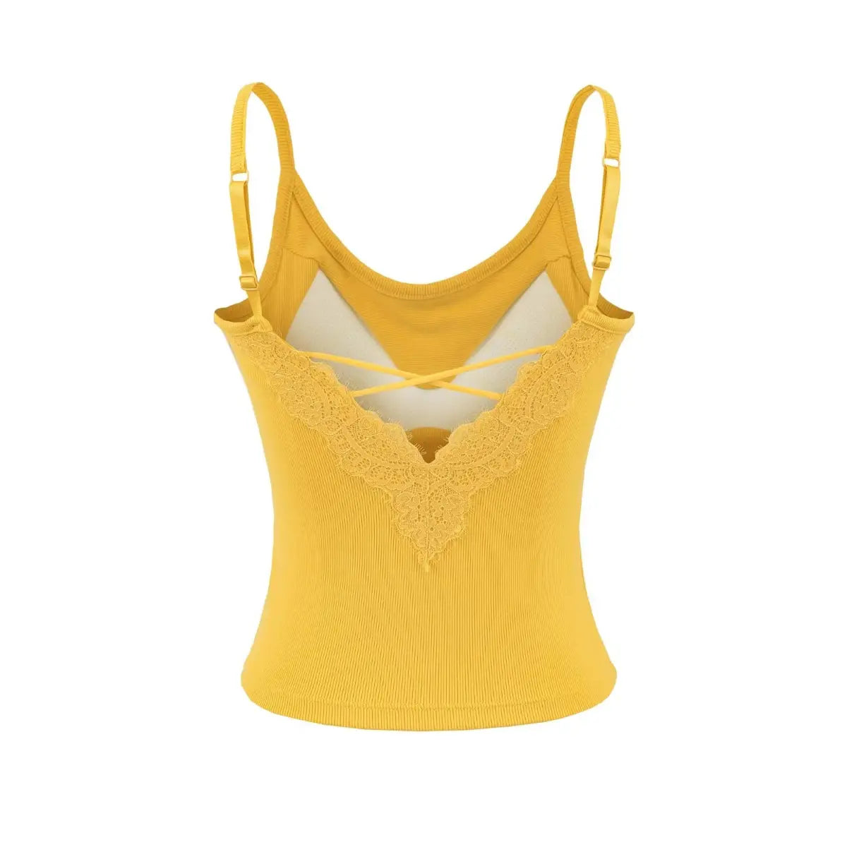 Full back view on white background of mustard yellow camisole, showing lace and crisscross
