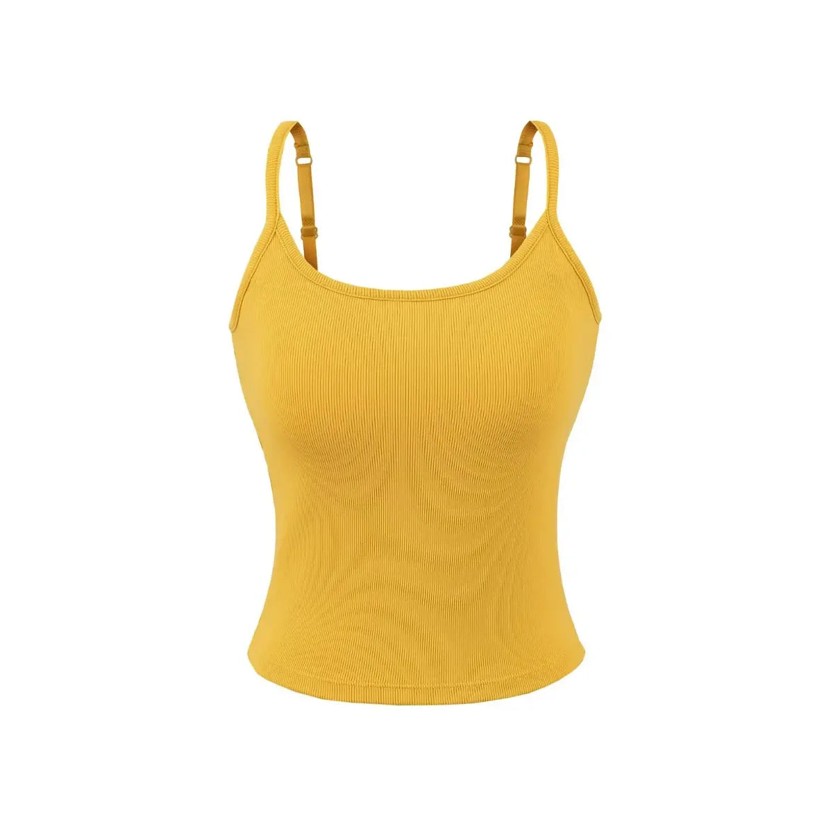 Full front view on white background of mustard yellow ribbed camisole with adjustable straps and built-in bra