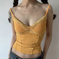 Mustard yellow camisole front wearing display, warm tone golden lace edging, ribbed stretch fabric, vintage sweet style