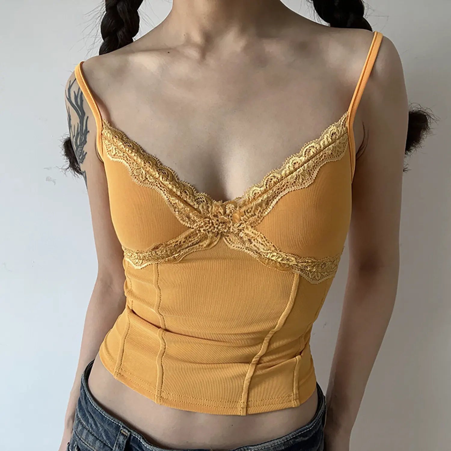 Mustard yellow camisole front wearing display, warm tone golden lace edging, ribbed stretch fabric, vintage sweet style