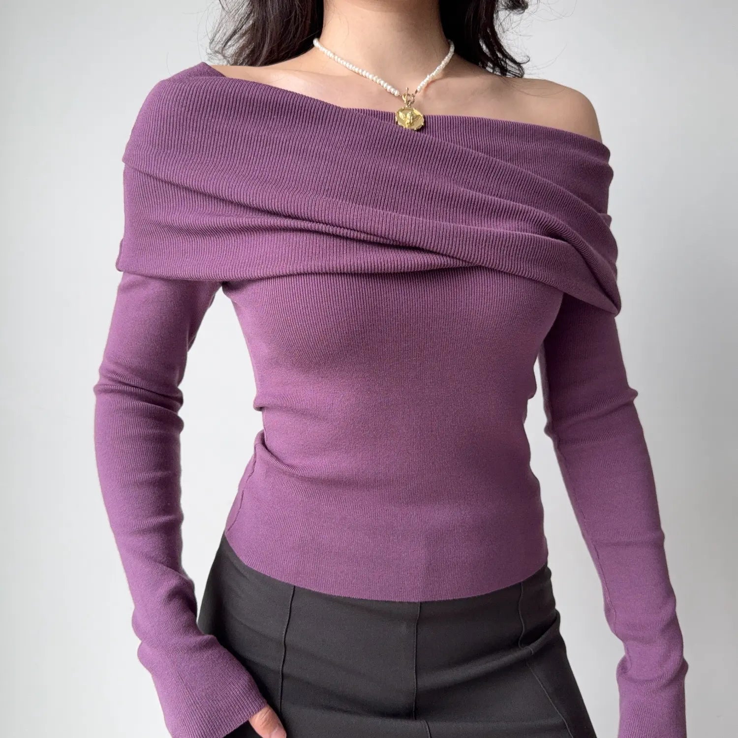 Muted purple ribbed knit off shoulder top with asymmetrical folded draped neck, long slim sleeve tailored cropped women evening blouse