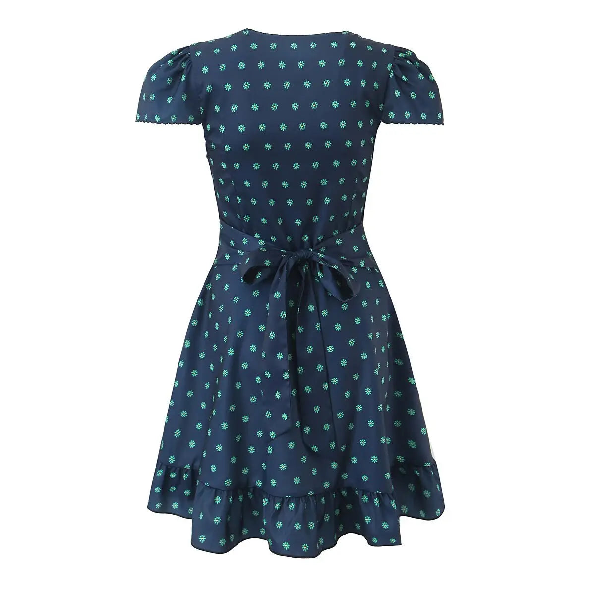 Full back view of the dress, showing the waist tie closure and scalloped sleeve edges.