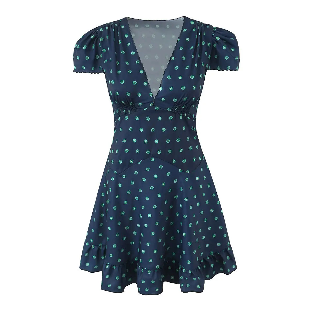 Full front view of the dress, featuring a deep V-neck, smocked waist, and tiered skirt.