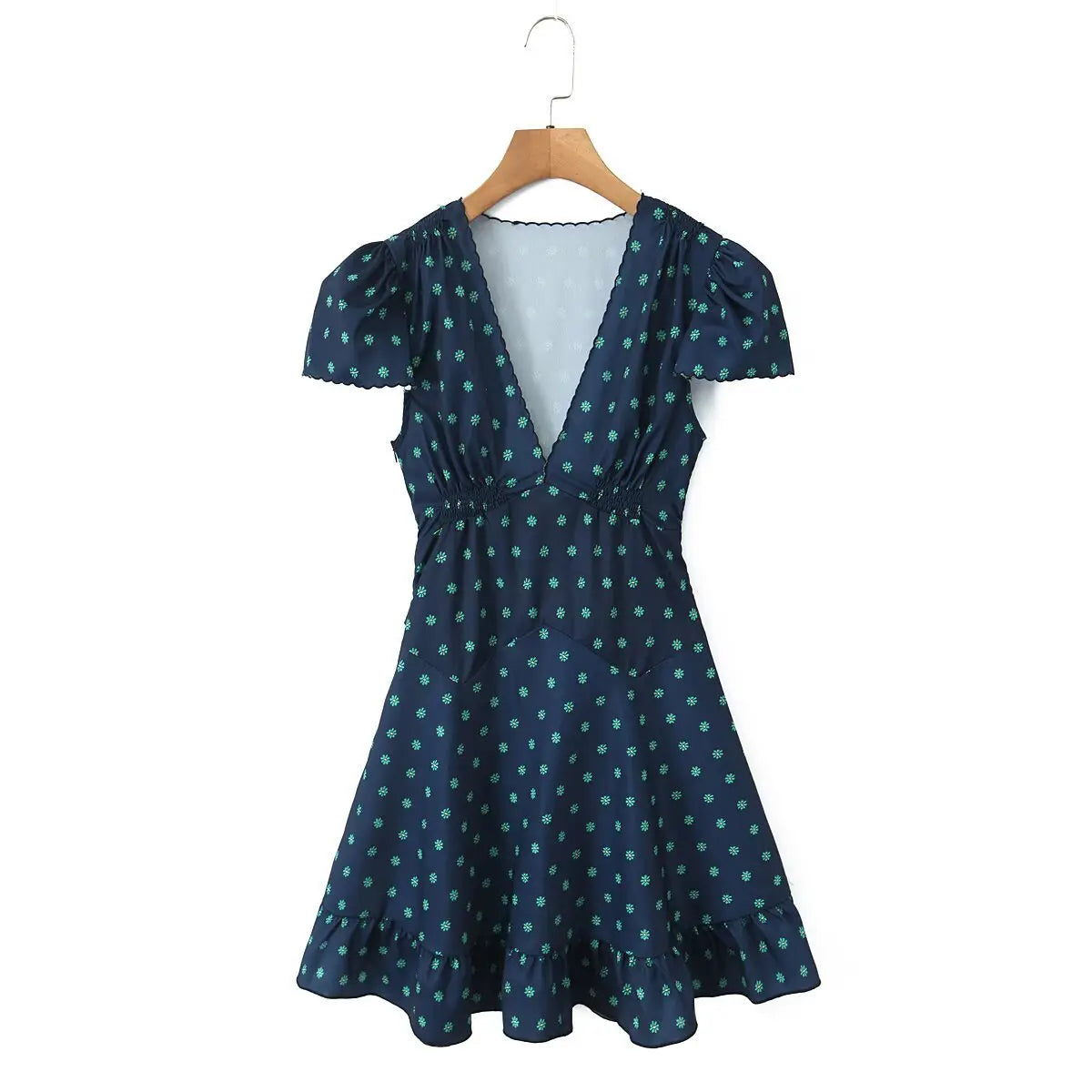 Hanging front view of the dress, showcasing the full silhouette and deep V-neck.