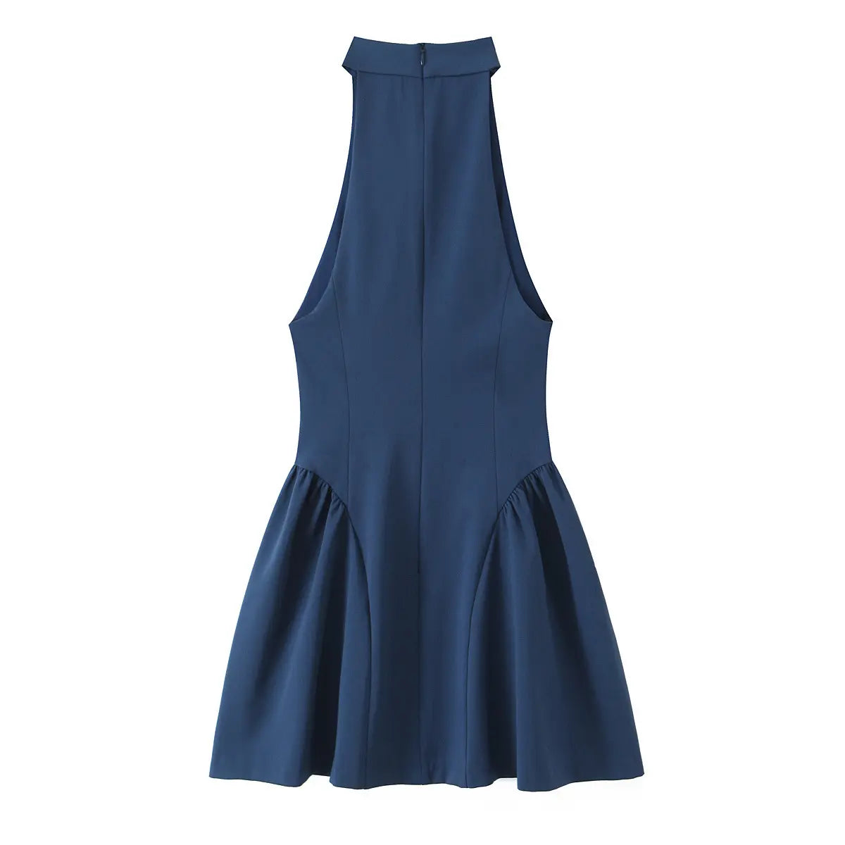 Navy blue halter-neck mini dress with a high neckline, fitted bodice, and gathered flared skirt, back view flat lay on white background.