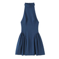 Navy blue halter-neck mini dress with a high neckline, fitted bodice, and gathered flared skirt, front view flat lay on white background.