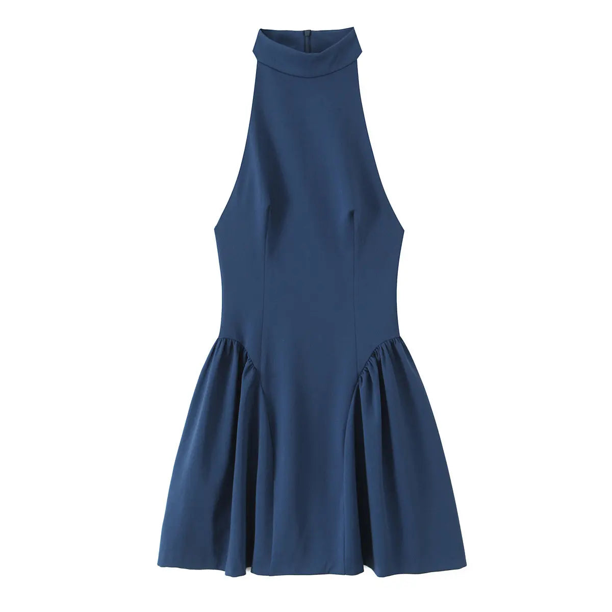 Navy blue halter-neck mini dress with a high neckline, fitted bodice, and gathered flared skirt, front view flat lay on white background.