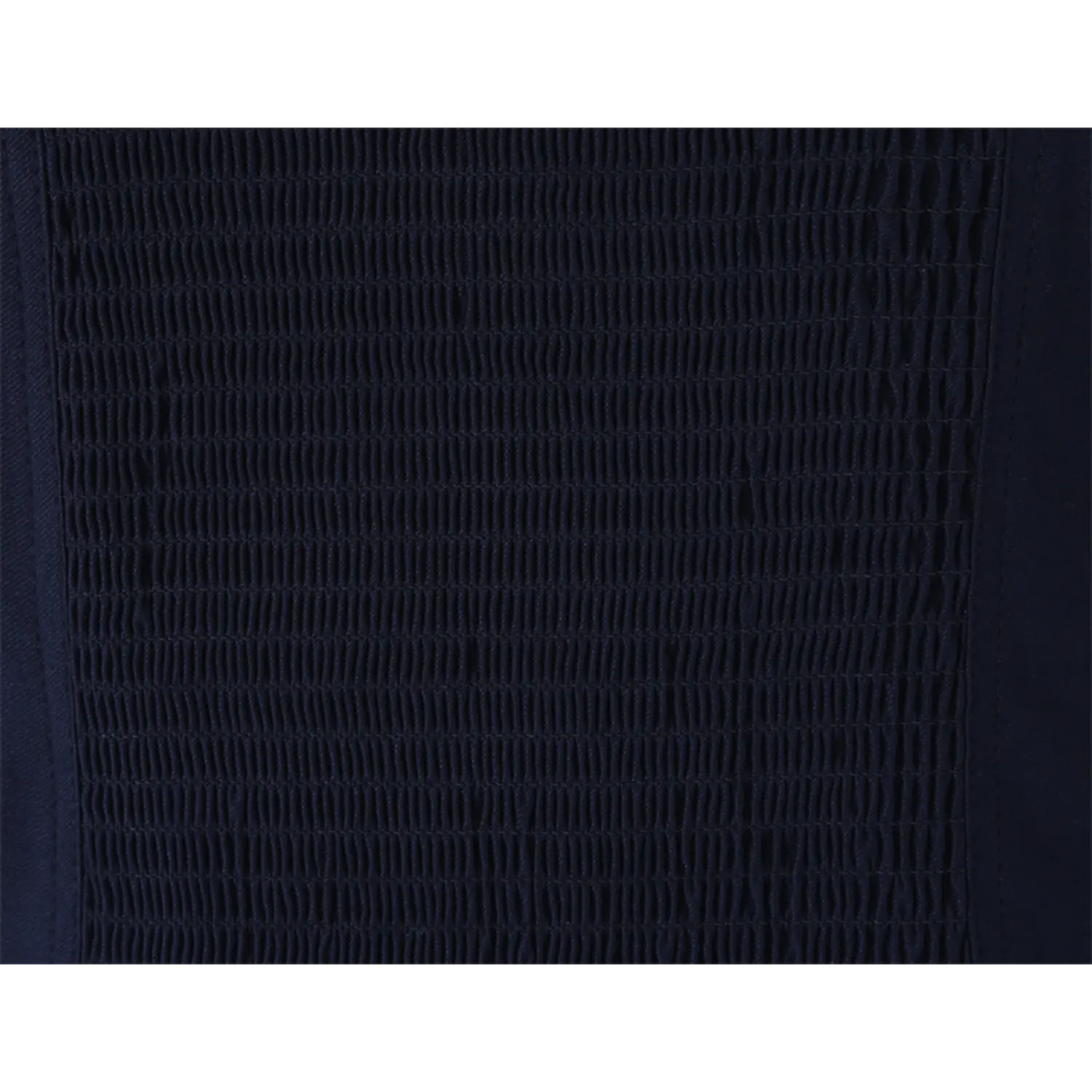  Close-up of the back smocking fabric texture on the navy blue lace-trimmed corset-style top