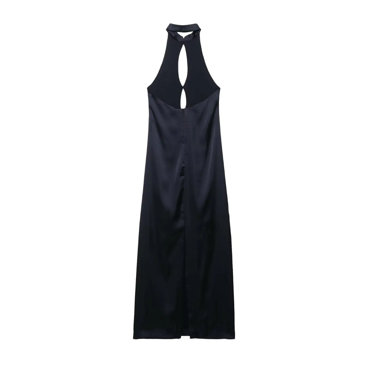 Back view of navy blue satin halter maxi dress with cutout and back slit