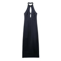 Front view of navy blue satin halter neck keyhole maxi dress on white background