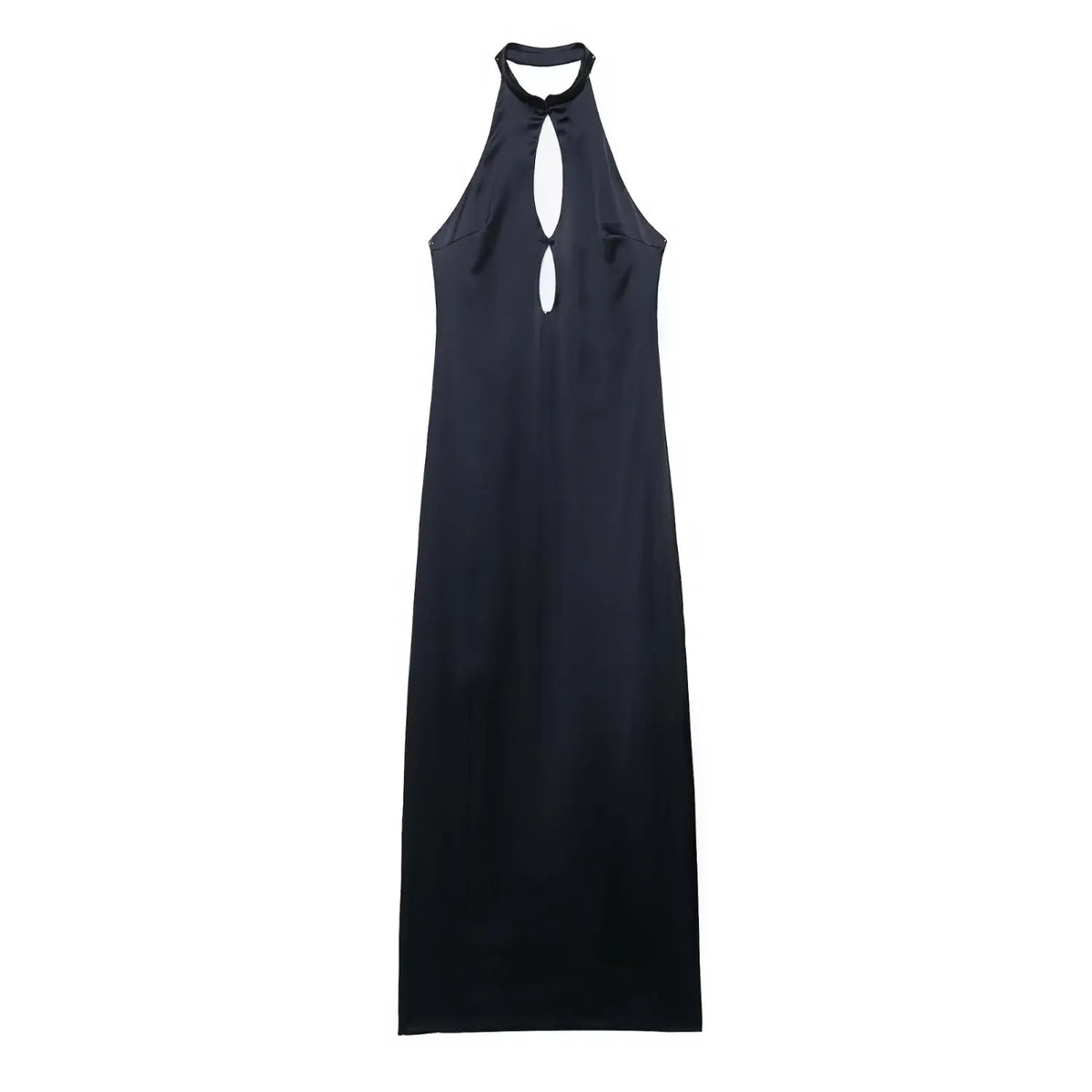 Front view of navy blue satin halter neck keyhole maxi dress on white background