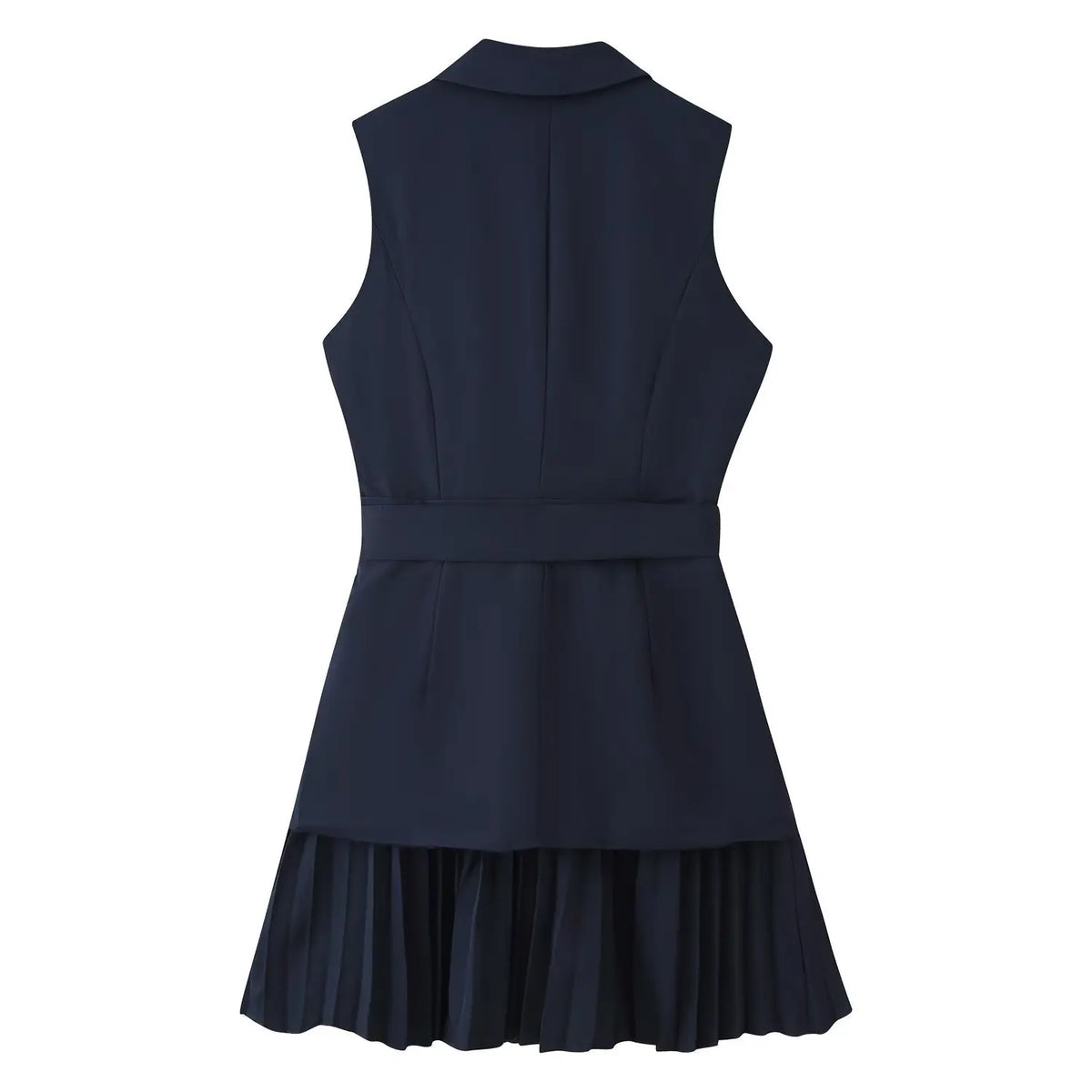 Back flat lay of navy blue sleeveless blazer belted pleated mini dress
