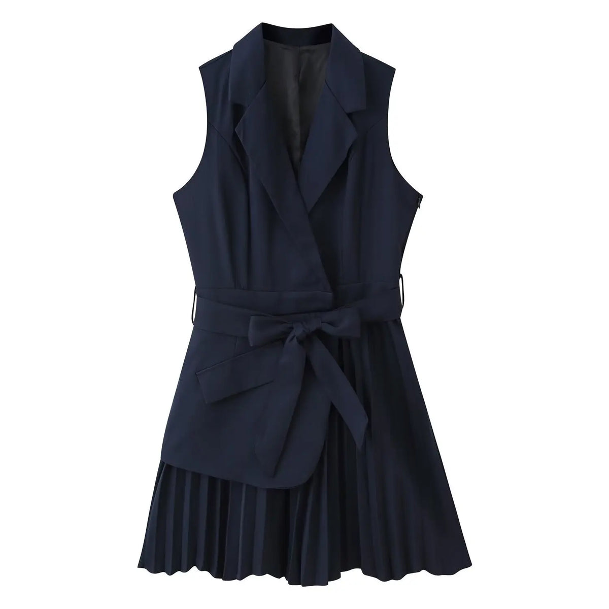 Front flat lay of navy blue sleeveless blazer belted pleated mini dress
