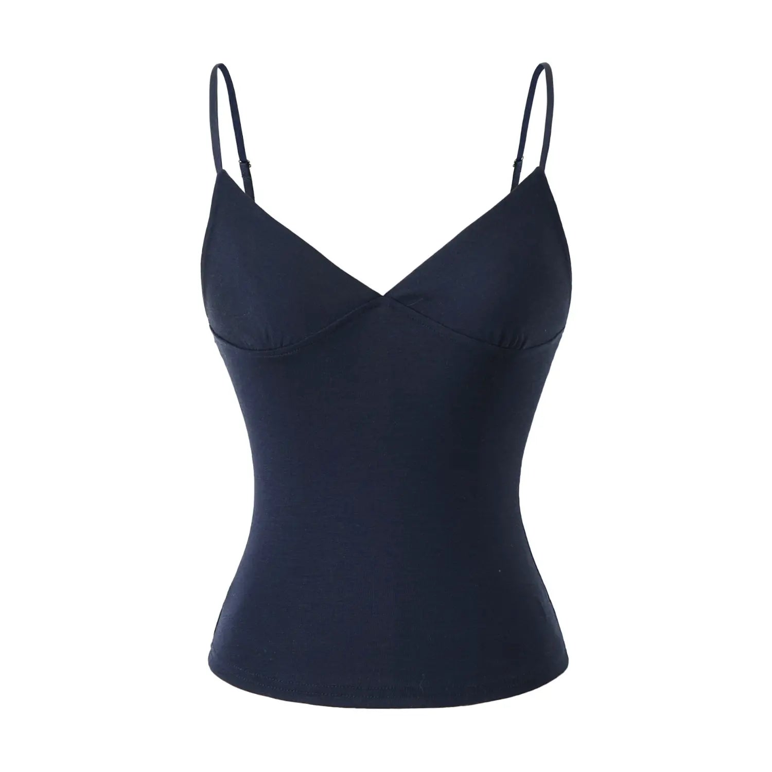 Solid navy blue deep V camisole tank top studio front view, slim shaping waist cut, thin adjustable dark straps, seamless bust stitching lightweight knit inner wear