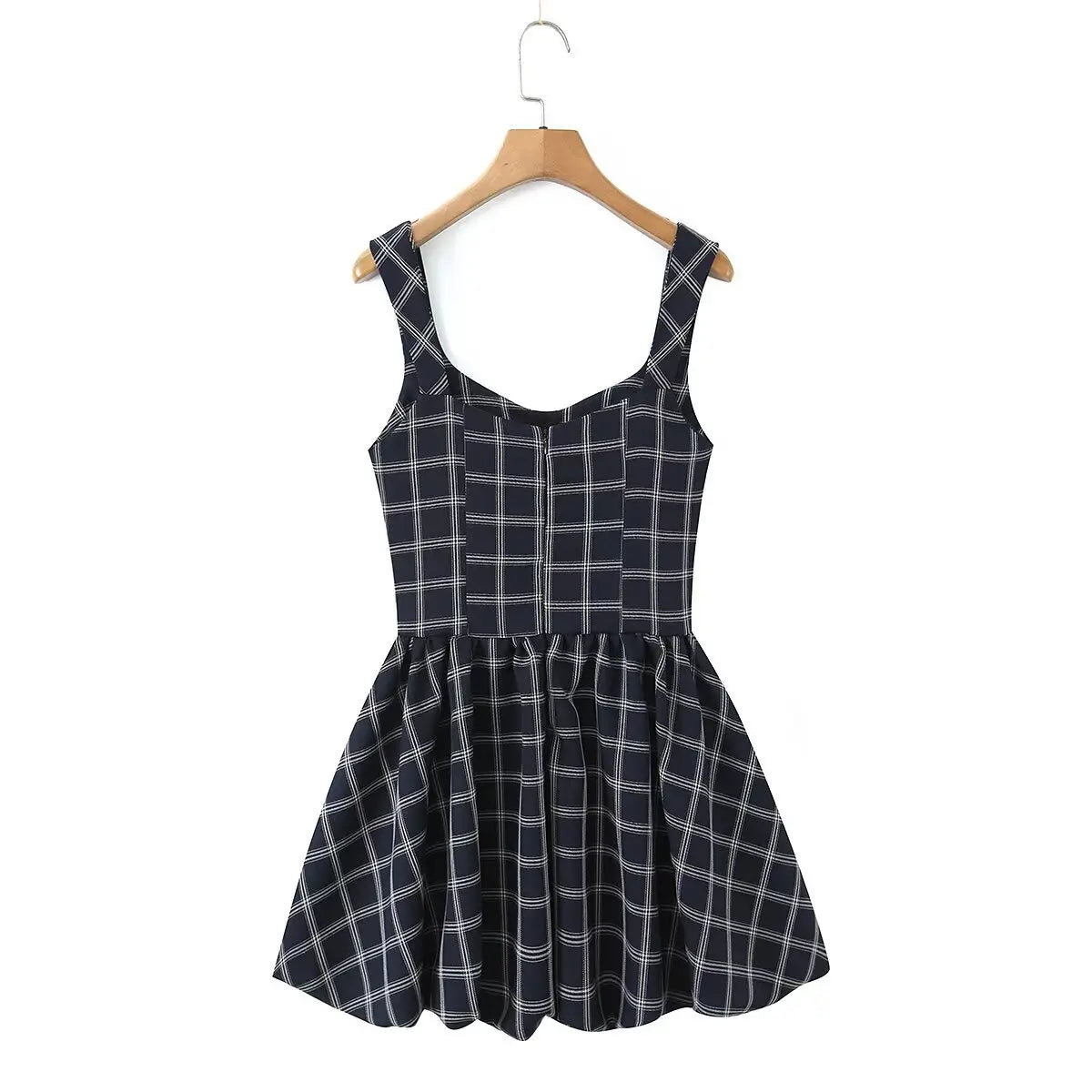 Navy blue checkered cami skater dress hanging on wooden hanger, full back view