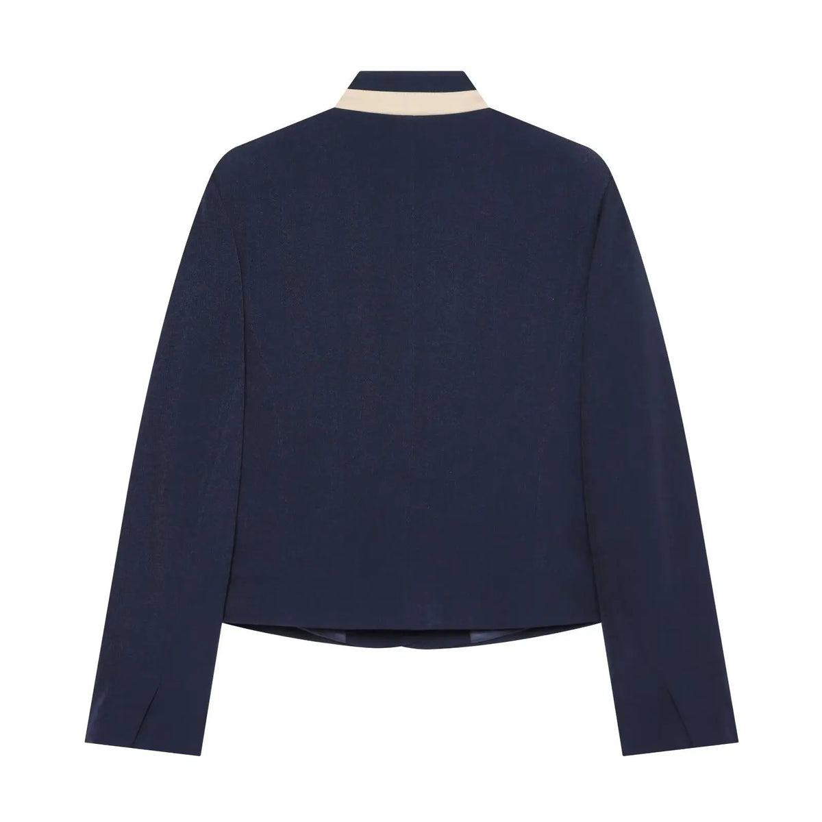 Navy contrast trim gold button stand collar cropped jacket, back flat lay