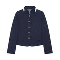 Navy contrast trim gold button stand collar cropped jacket, front flat lay