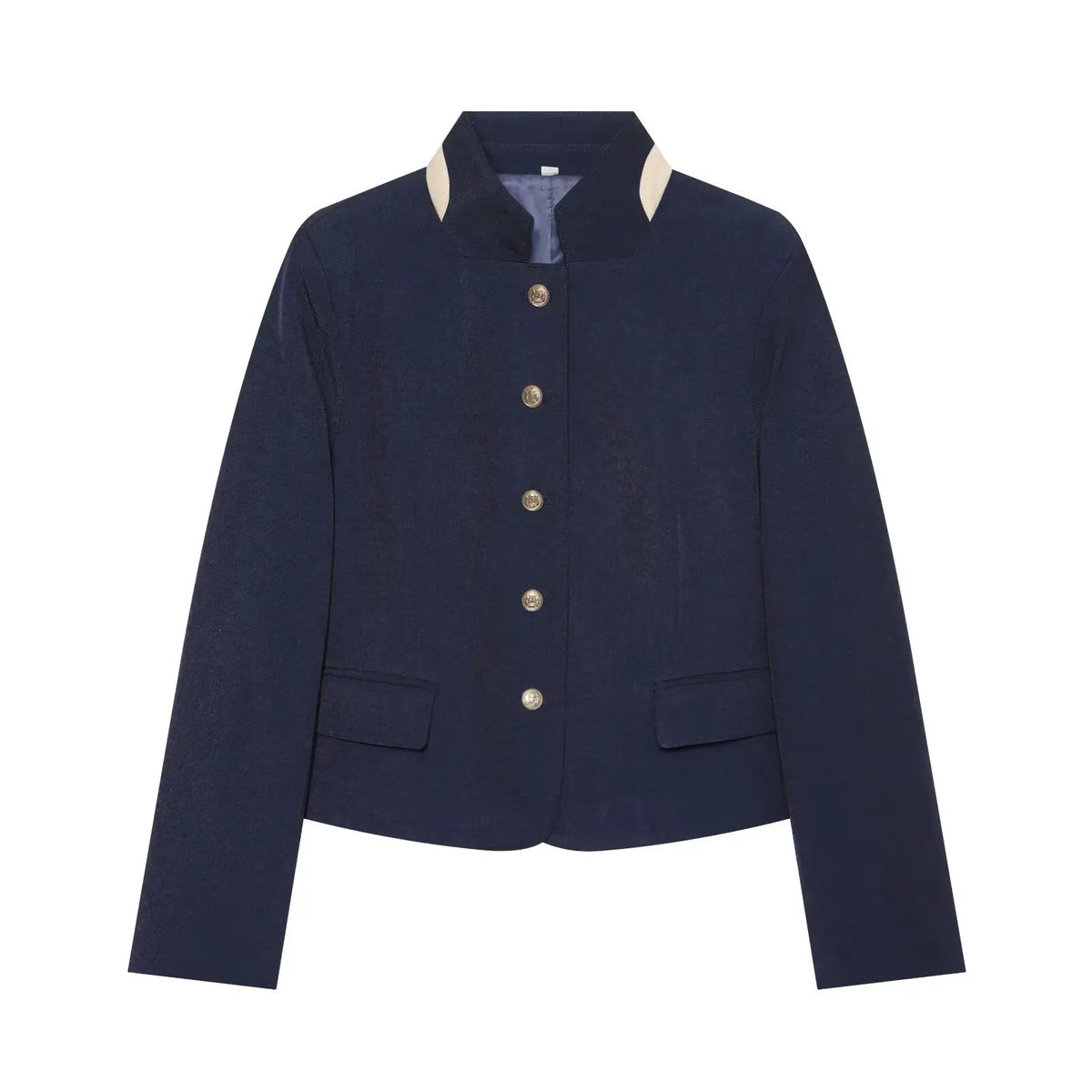 Navy contrast trim gold button stand collar cropped jacket, front flat lay