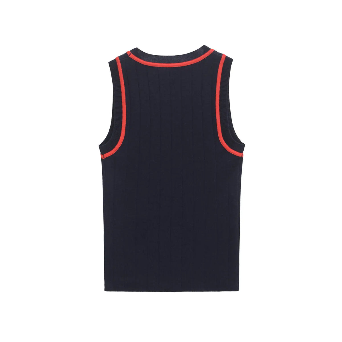 Navy contrast trim ribbed knit tank, back flat lay