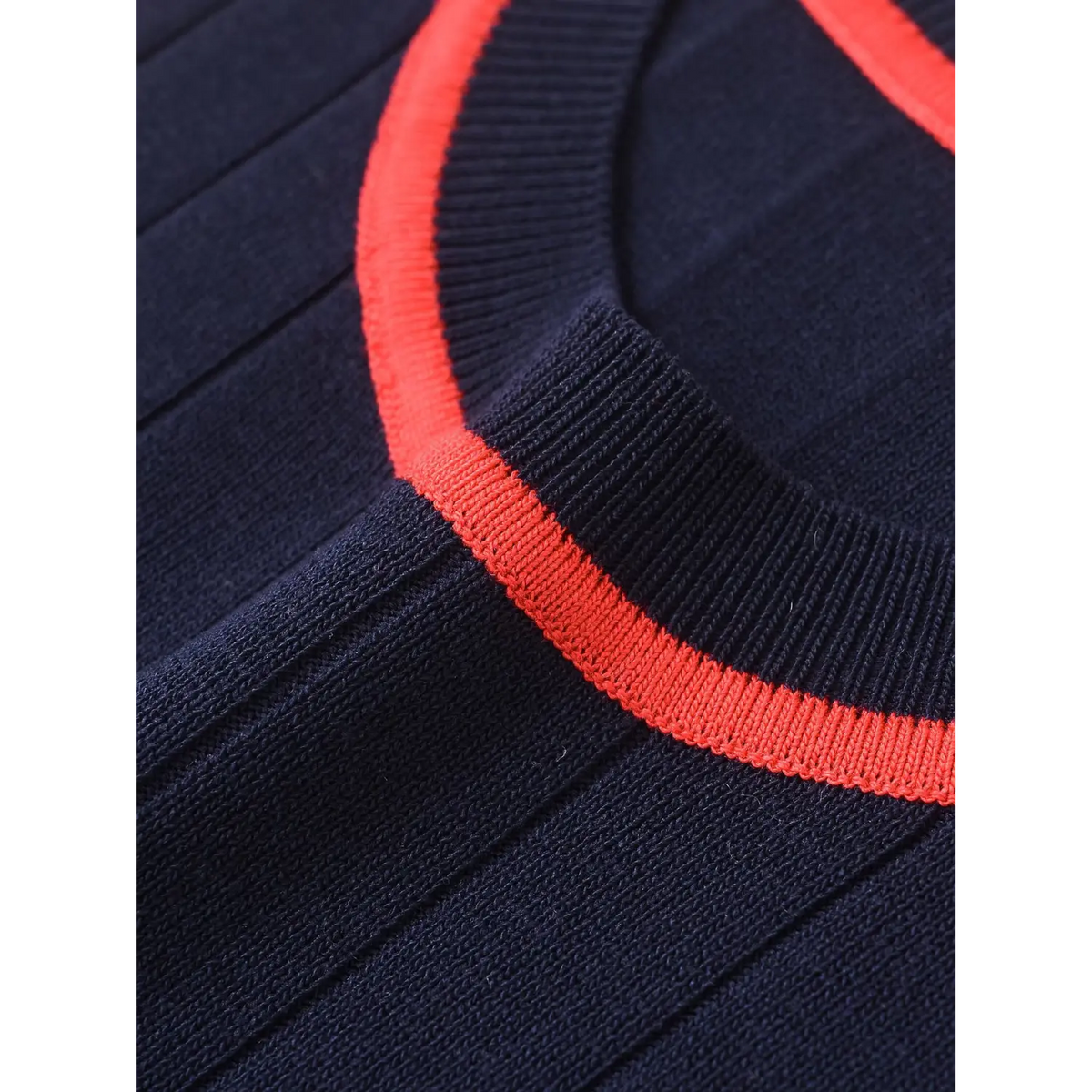 Close-up of red crew neckline trim