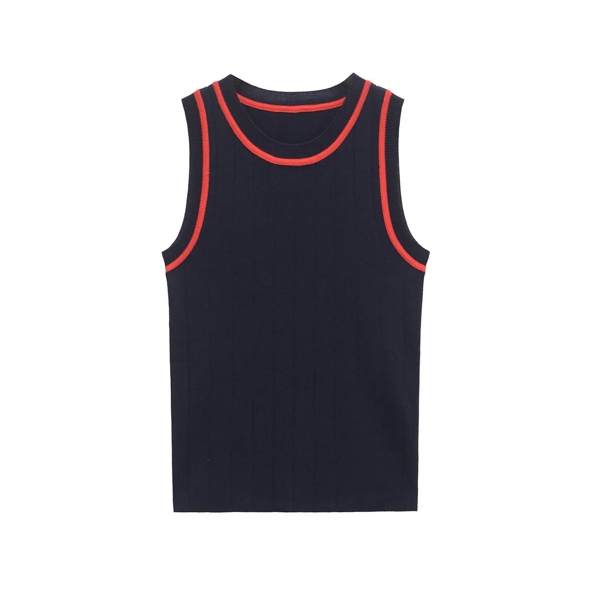Navy contrast trim ribbed knit tank, front flat lay