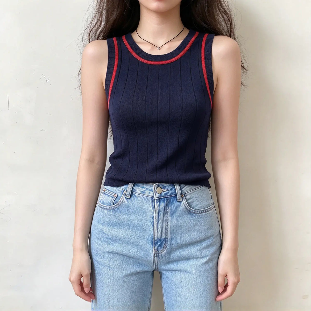 Model wearing navy contrast trim ribbed knit tank, front view
