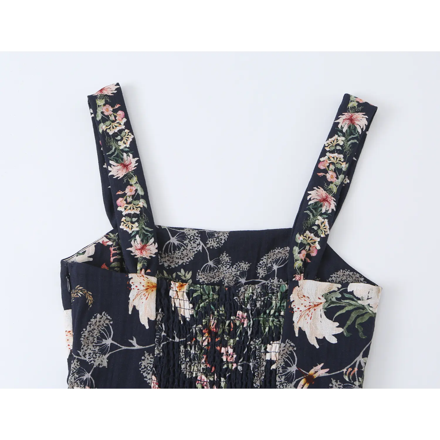 Back view close-up, wide printed shoulder straps and elastic smocked bodice panel