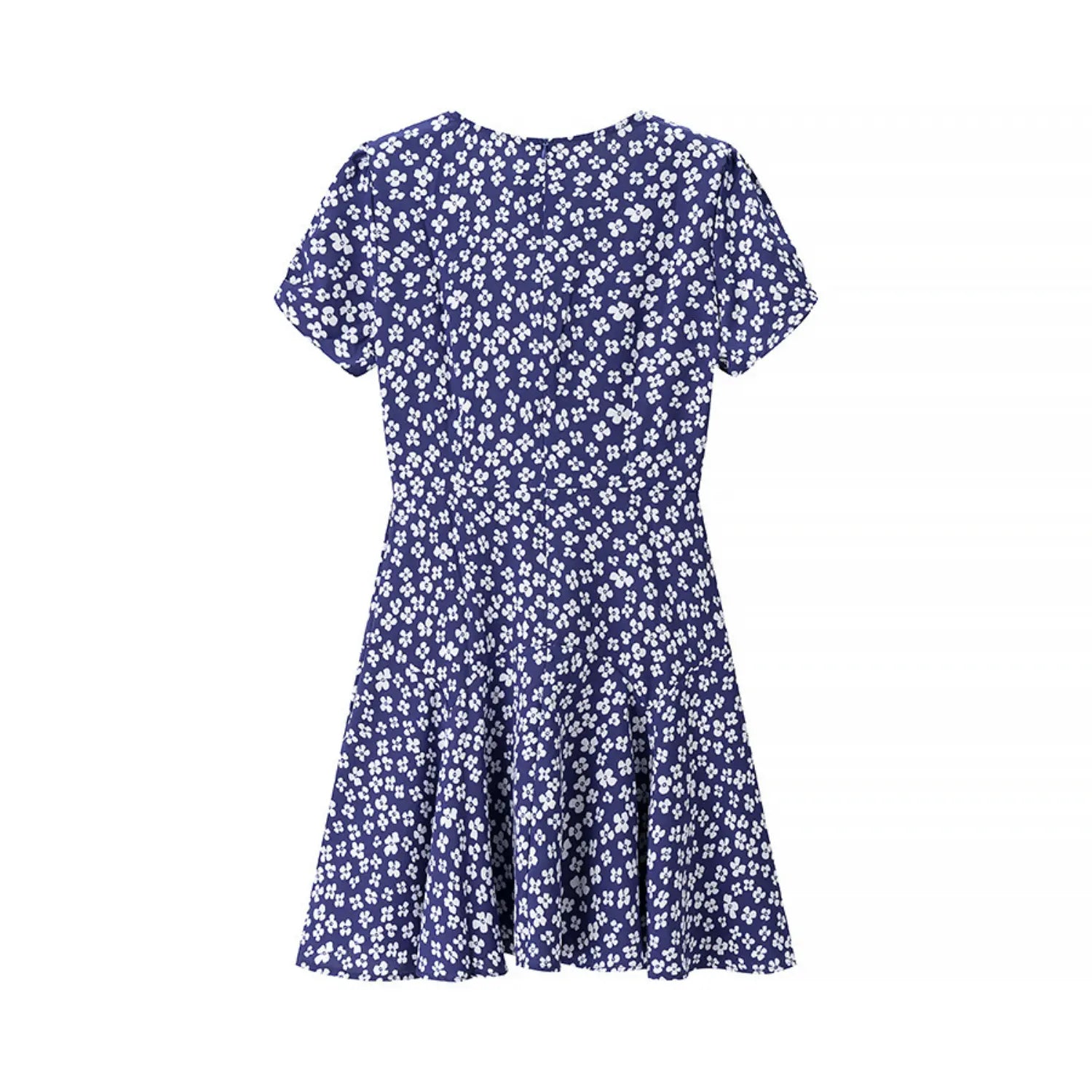 Full back view on white background of the navy blue floral puff-sleeve dress