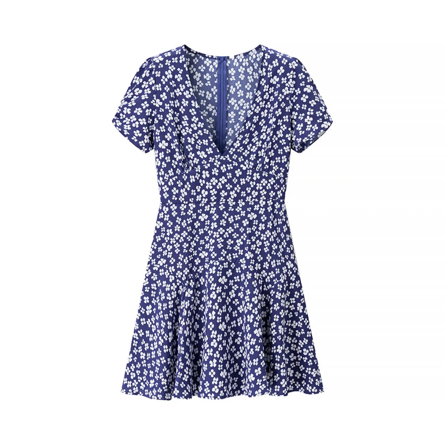 Full front view on white background of the navy blue floral puff-sleeve dress