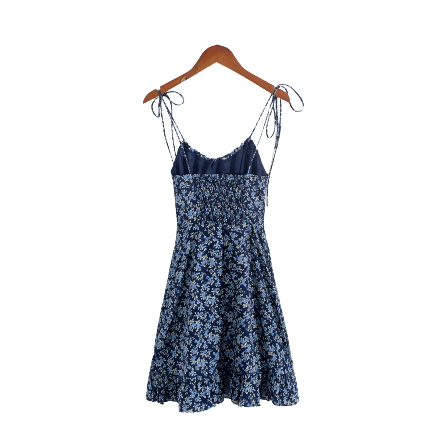 Full back view on white background of the navy blue floral spaghetti strap dress