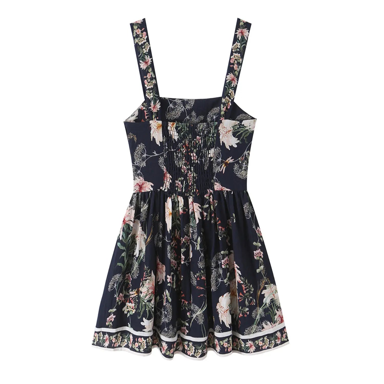 Flat lay back view of navy floral print cami dress with elastic smocked back bodice