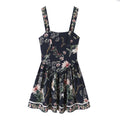 Flat lay front view of navy blue floral cami mini dress, square neck, wide shoulder straps, ruffled hem, white background