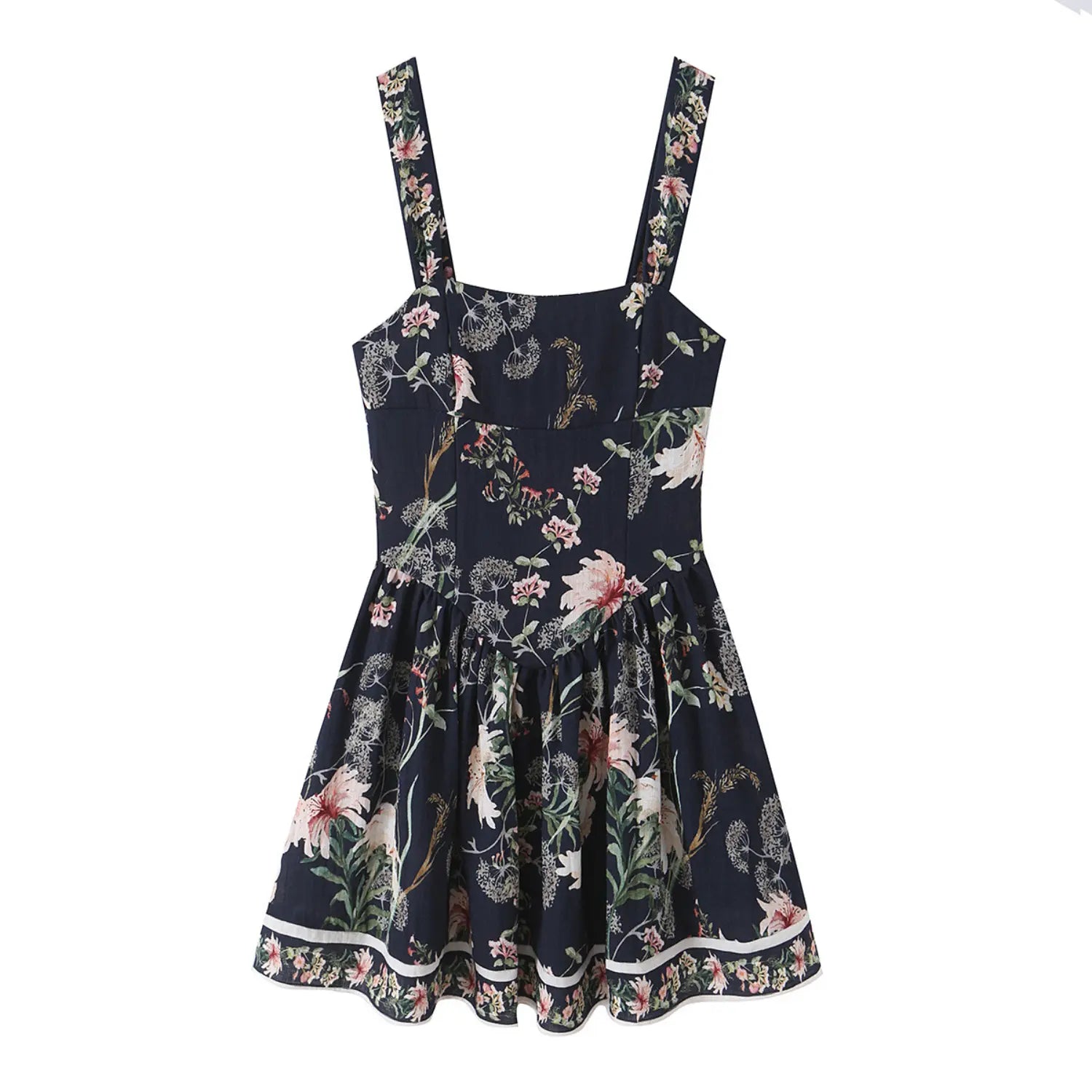 Flat lay front view of navy blue floral cami mini dress, square neck, wide shoulder straps, ruffled hem, white background
