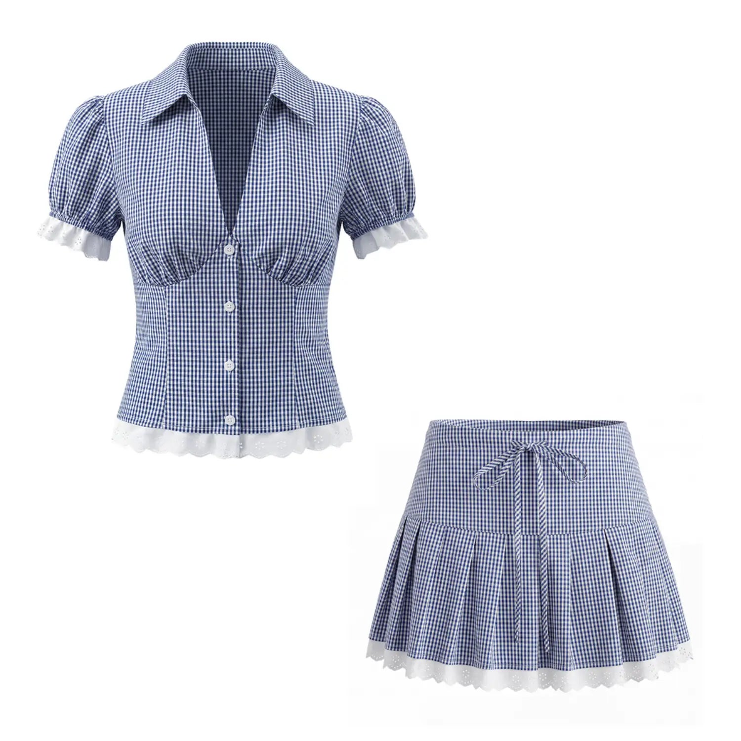 Navy gingham lace trim two piece set white flat lay hero shot, V neck gathered puff sleeve crop top + high waist drawstring pleated mini skirt full silhouette lace trim check print complete product main image