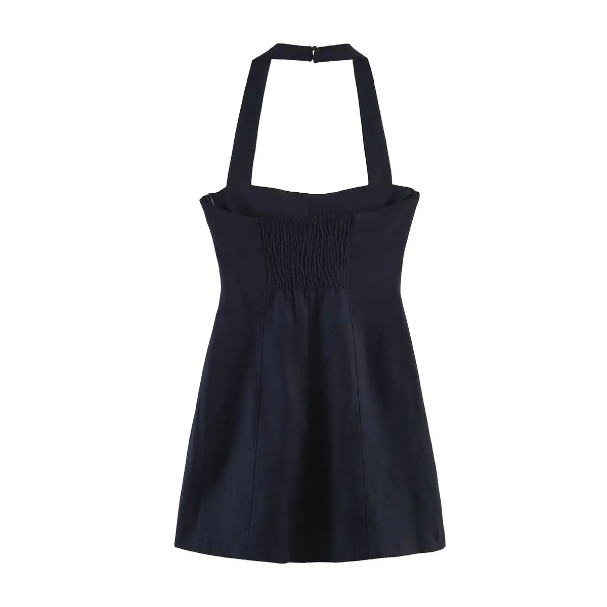 Back view navy halter mini dress, smocked elastic back panel, halter neck strap with buckle closure