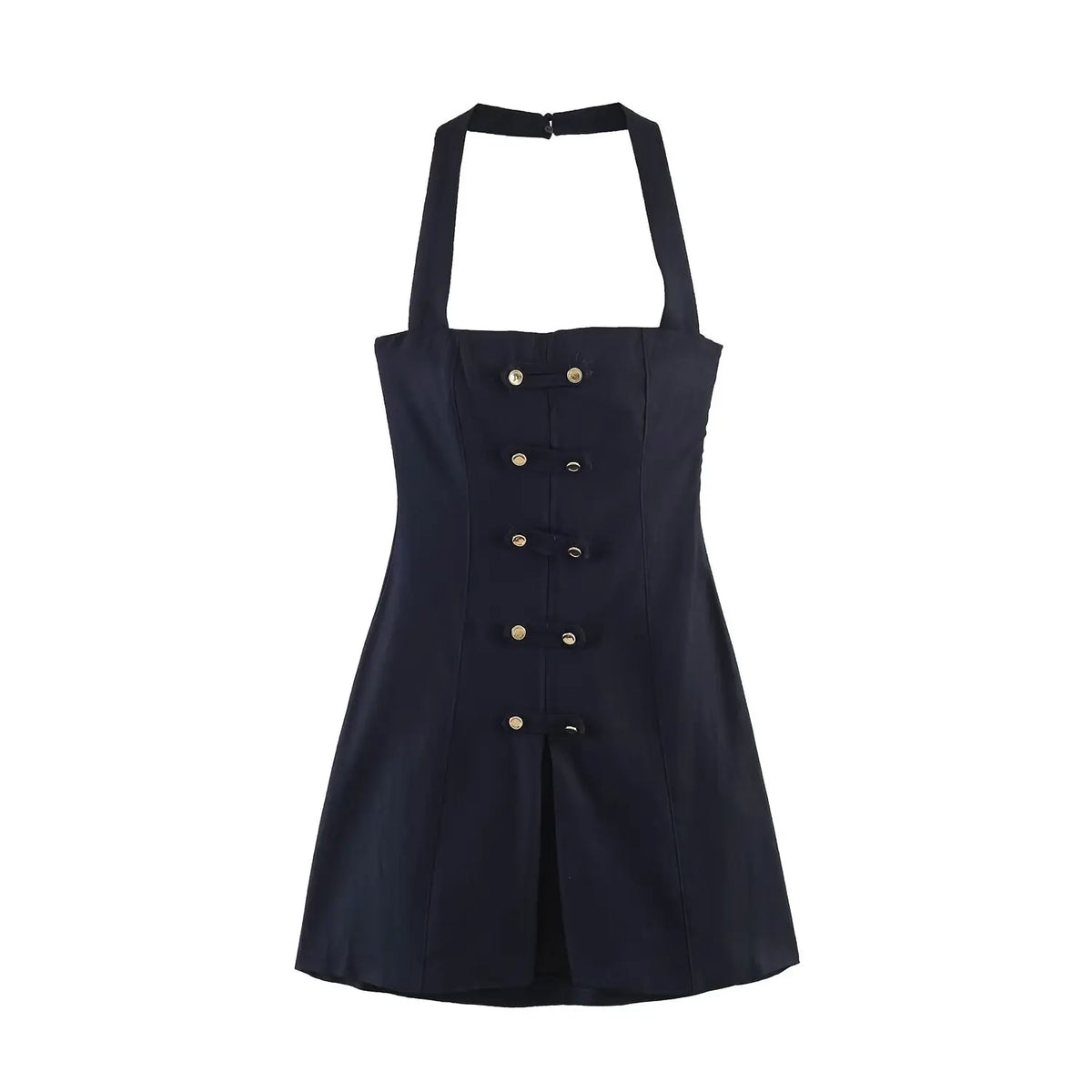 Front view navy halter mini dress, square neck, decorative gold button details, front slit, fitted A-line silhouette