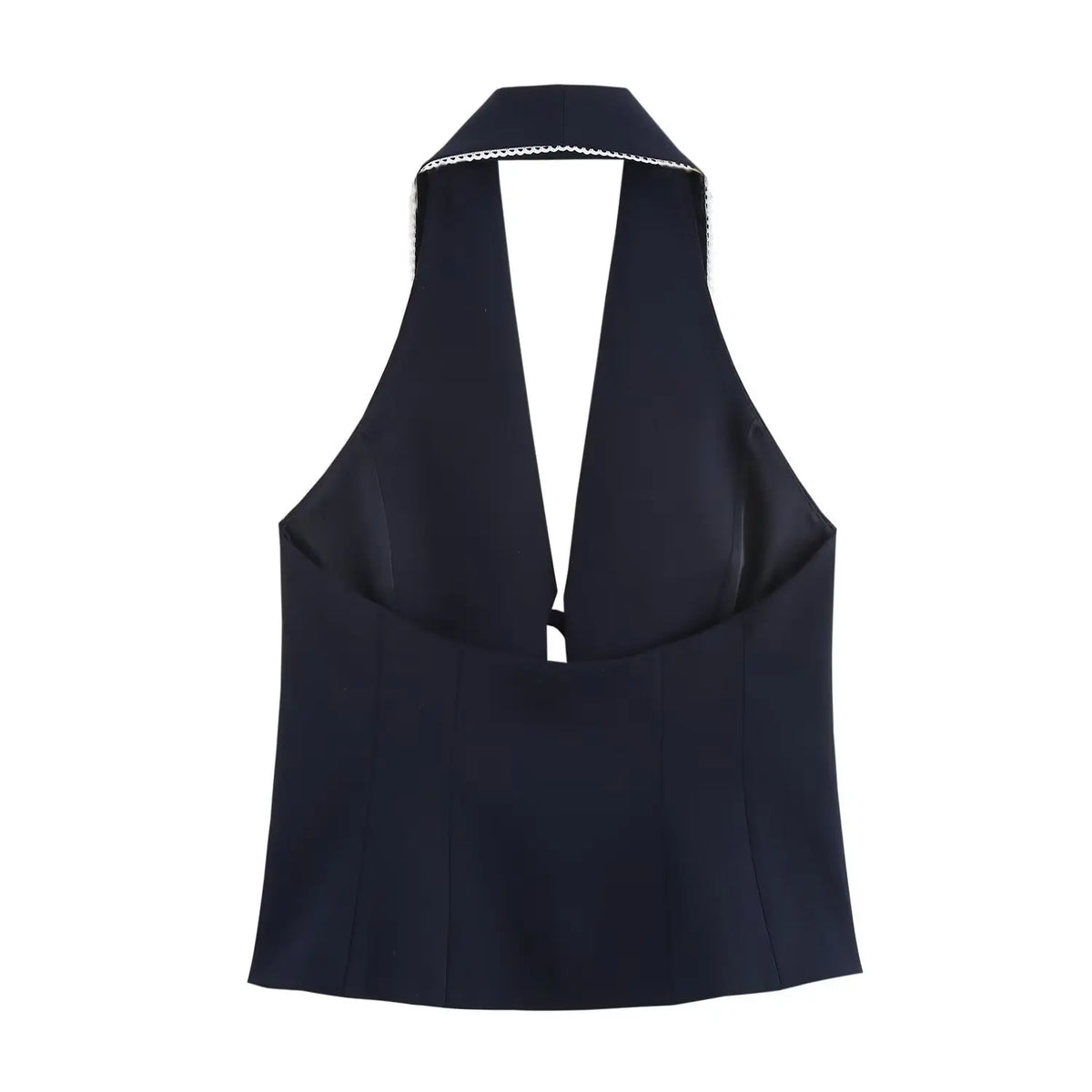 Navy halter tie front collared top, back flat lay