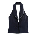 Navy halter tie front collared top, front flat lay